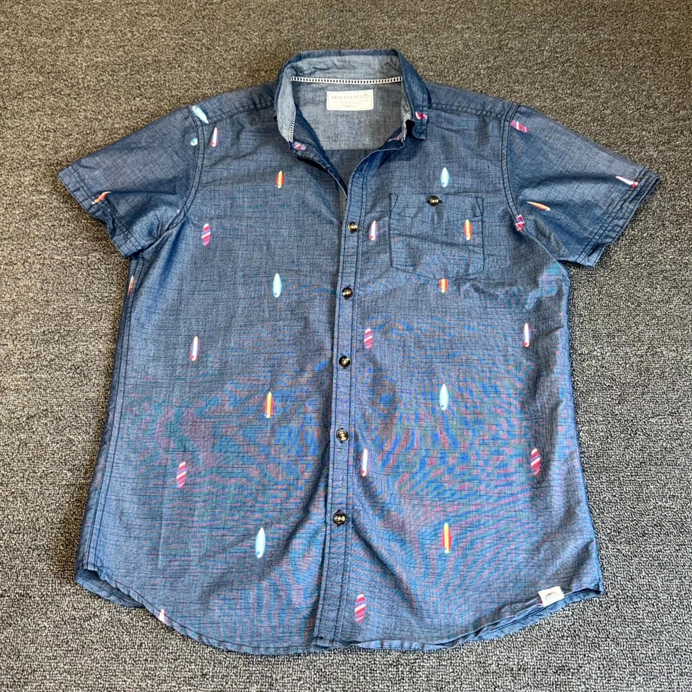 Free Planet Shirt Mens‎ Small Blue Surfboard Print Summer Short Sleeve Button Up